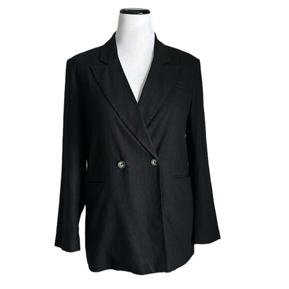 Halston Double-breasted Black Linen Blend Blazer Size M - Picture 1 of 15